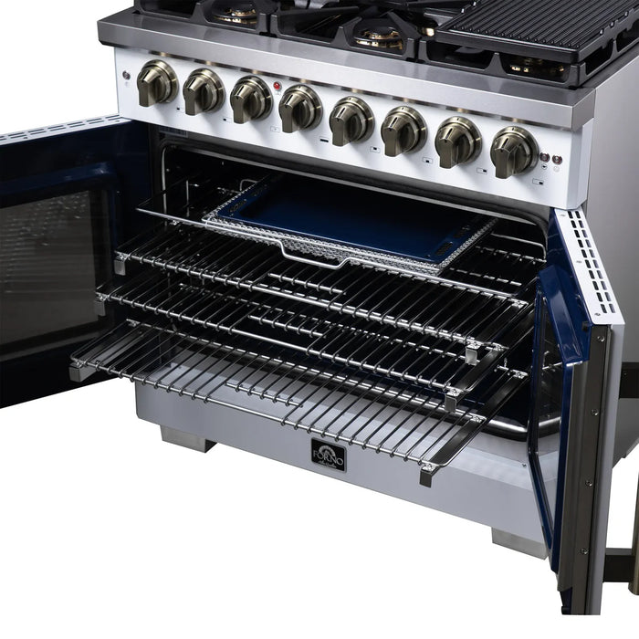 Forno Capriasca FFSGS6387-36WHT 36" French Door Dual Fuel Range, White, Antique Brass, 6 Burners, True Convection