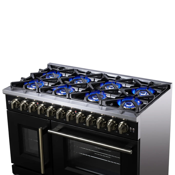 Forno Capriasca FFSGS6387-48BLK 48" French Door Dual Fuel Range, Black, Antique Brass, 8 Burners, Double Oven