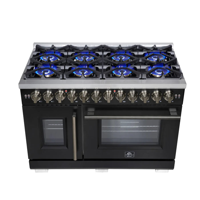 Forno Capriasca FFSGS6387-48BLK 48" French Door Dual Fuel Range, Black, Antique Brass, 8 Burners, Double Oven