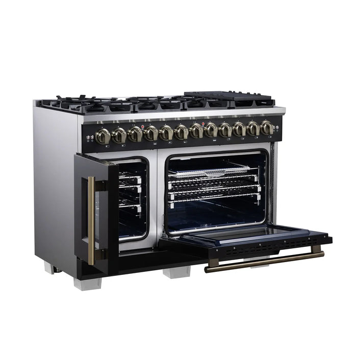Forno Capriasca FFSGS6387-48BLK 48" French Door Dual Fuel Range, Black, Antique Brass, 8 Burners, Double Oven