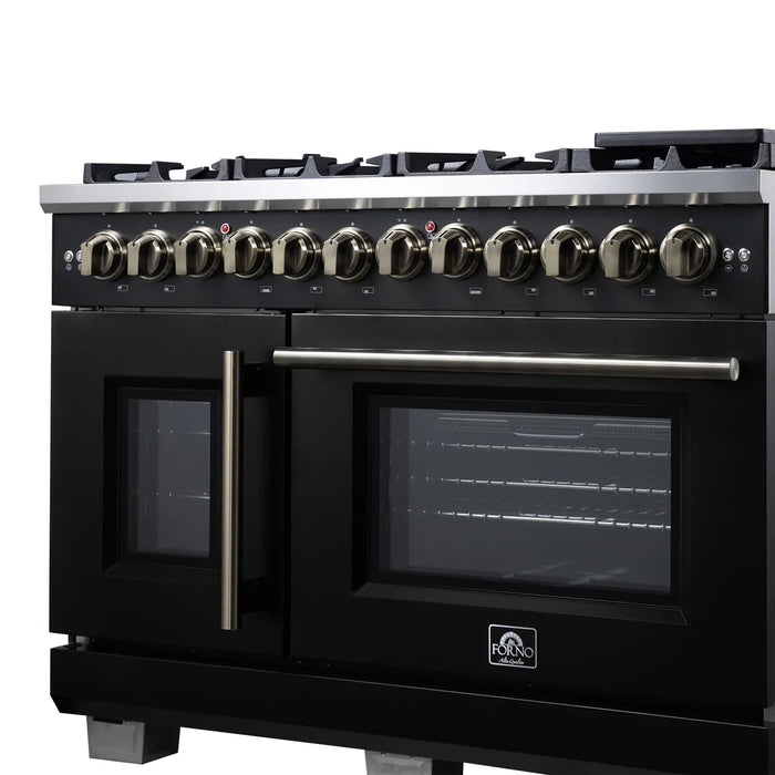 Forno Capriasca FFSGS6387-48BLK 48" French Door Dual Fuel Range, Black, Antique Brass, 8 Burners, Double Oven