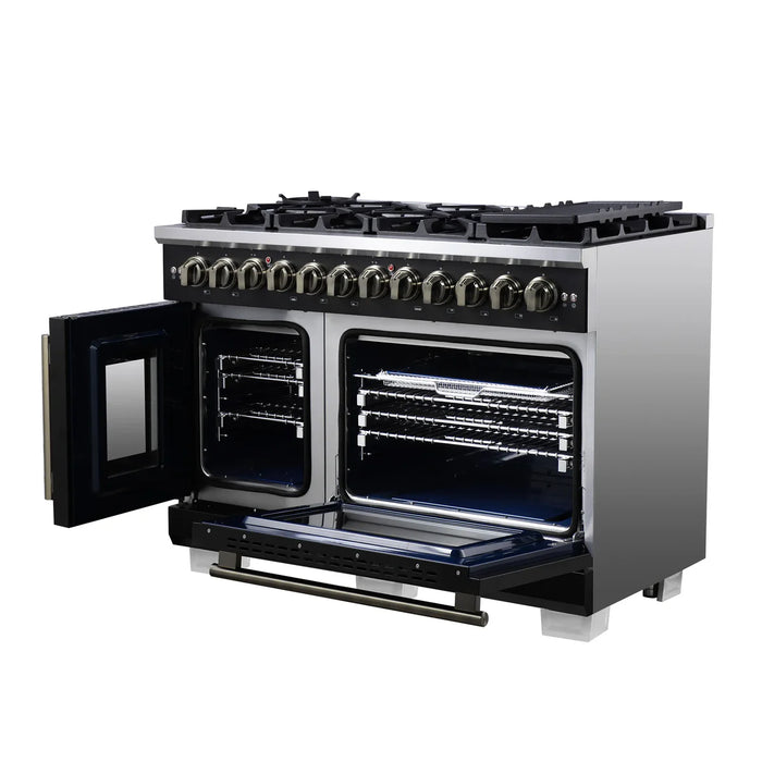 Forno Capriasca FFSGS6387-48BLK 48" French Door Dual Fuel Range, Black, Antique Brass, 8 Burners, Double Oven