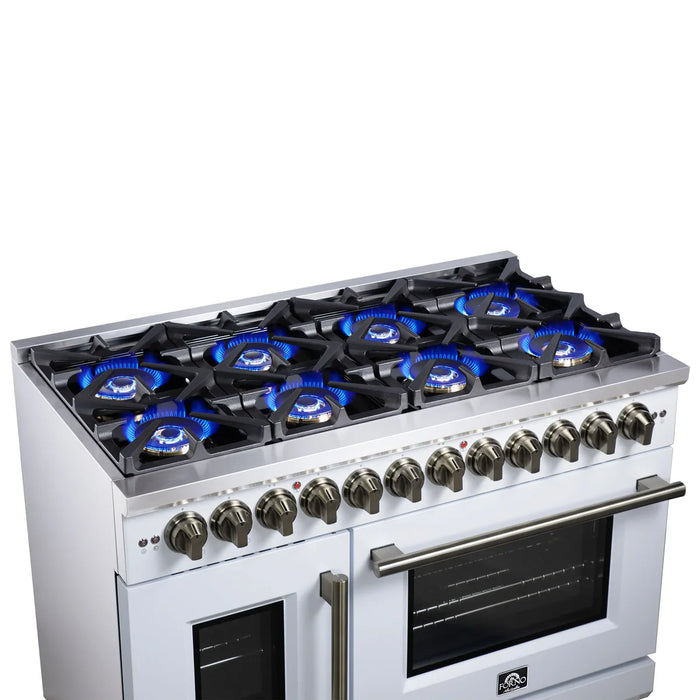 Forno Capriasca FFSGS6387-48WHT 48" French Door Dual Fuel Range, White, Antique Brass, 8 Burners, Double Oven