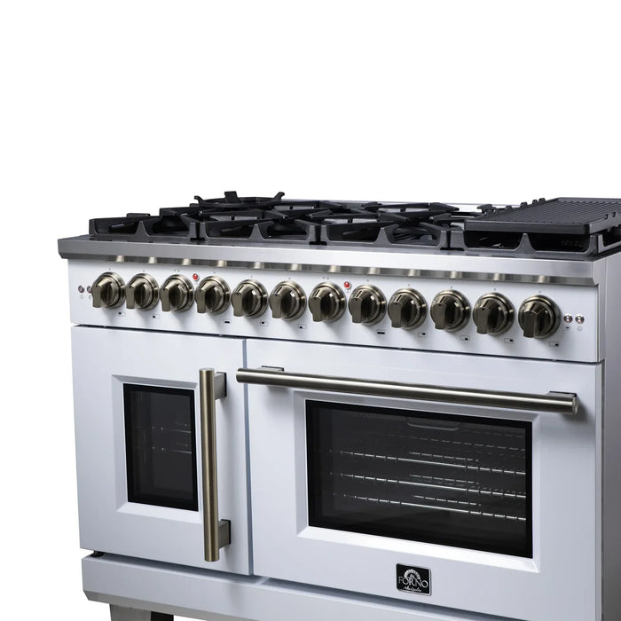 Forno Capriasca FFSGS6387-48WHT 48" French Door Dual Fuel Range, White, Antique Brass, 8 Burners, Double Oven