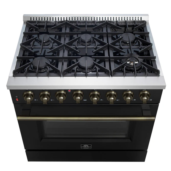 Forno Galiano FFSGS6156‑36BLK 36" Dual Fuel Range, 6 Burners, 83,000 BTU, 5.36 cu. ft. True Convection Oven, Black & Antique Brass with Black Enamel Interior
