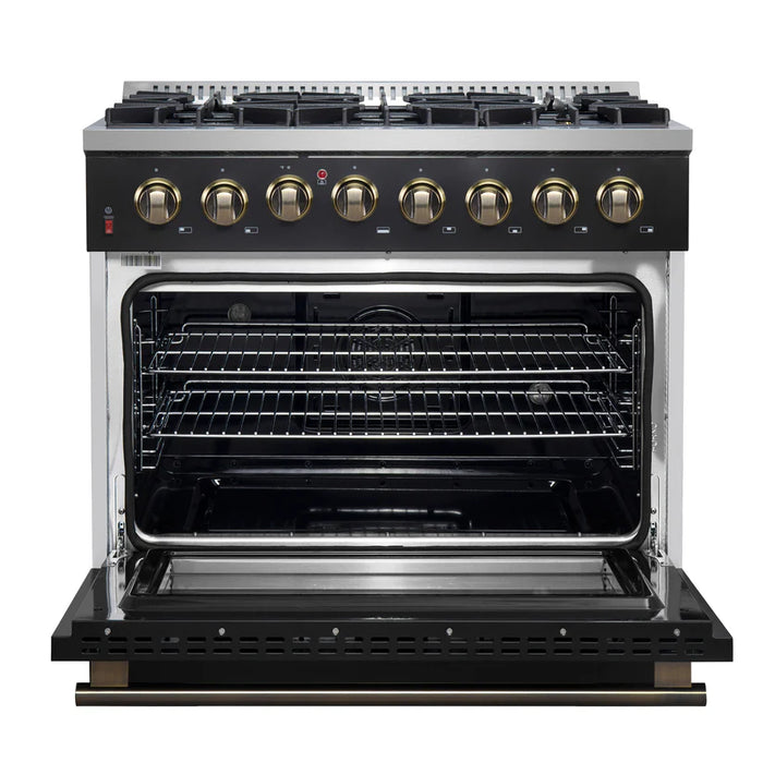 Forno Galiano FFSGS6156‑36BLK 36" Dual Fuel Range, 6 Burners, 83,000 BTU, 5.36 cu. ft. True Convection Oven, Black & Antique Brass with Black Enamel Interior