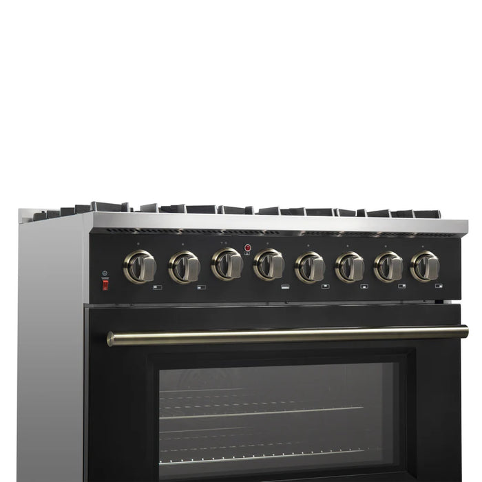 Forno Galiano FFSGS6156‑36BLK 36" Dual Fuel Range, 6 Burners, 83,000 BTU, 5.36 cu. ft. True Convection Oven, Black & Antique Brass with Black Enamel Interior
