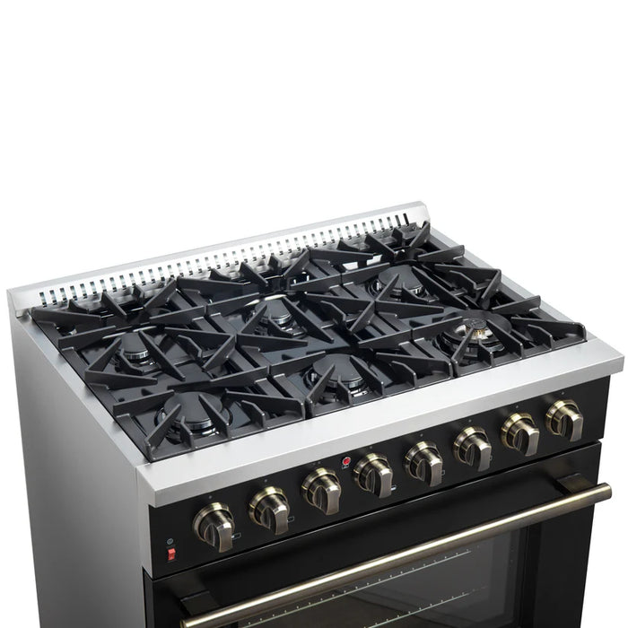 Forno Galiano FFSGS6156‑36BLK 36" Dual Fuel Range, 6 Burners, 83,000 BTU, 5.36 cu. ft. True Convection Oven, Black & Antique Brass with Black Enamel Interior