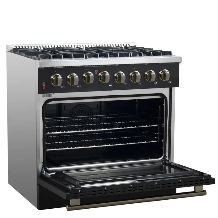 Forno Galiano FFSGS6156‑36BLK 36" Dual Fuel Range, 6 Burners, 83,000 BTU, 5.36 cu. ft. True Convection Oven, Black & Antique Brass with Black Enamel Interior