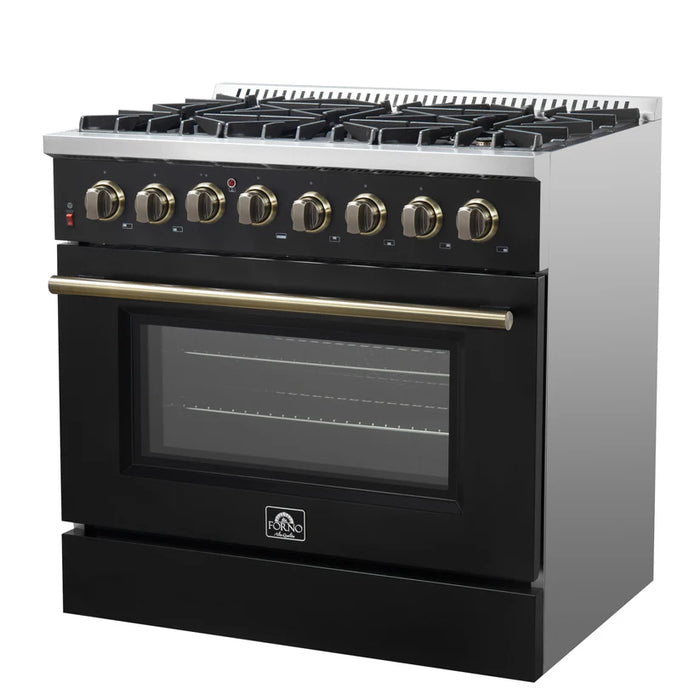 Forno Galiano FFSGS6156‑36BLK 36" Dual Fuel Range, 6 Burners, 83,000 BTU, 5.36 cu. ft. True Convection Oven, Black & Antique Brass with Black Enamel Interior