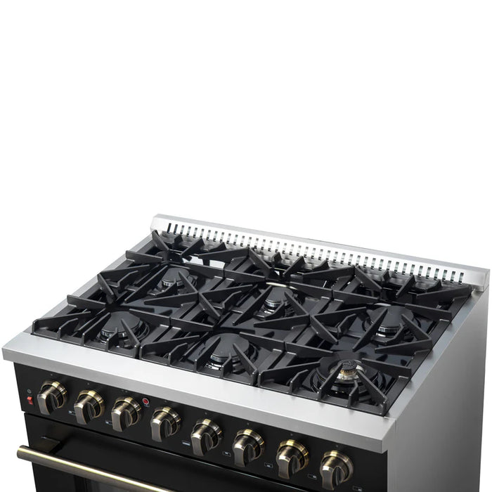 Forno Galiano FFSGS6156‑36BLK 36" Dual Fuel Range, 6 Burners, 83,000 BTU, 5.36 cu. ft. True Convection Oven, Black & Antique Brass with Black Enamel Interior
