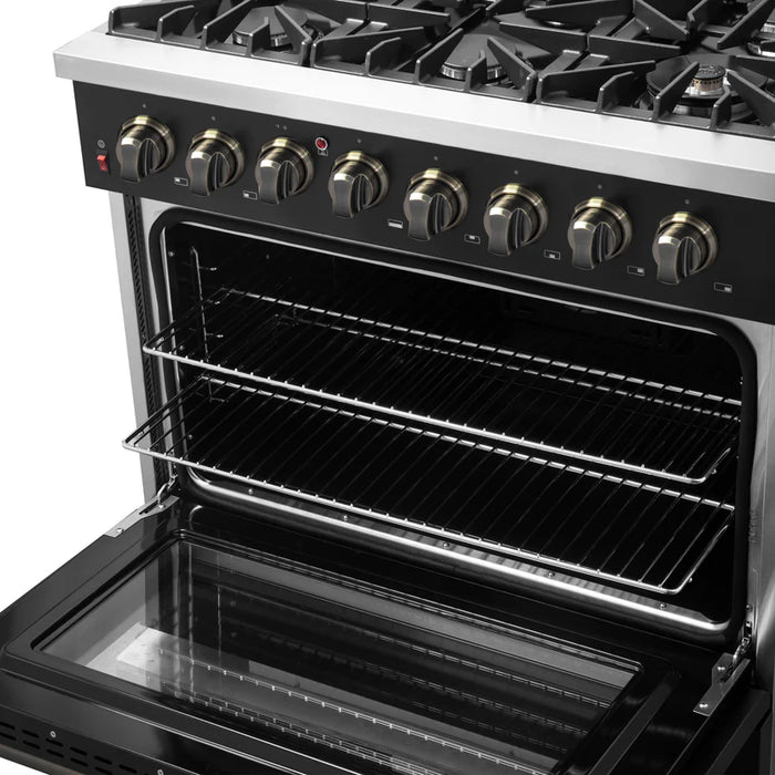 Forno Galiano FFSGS6156‑36BLK 36" Dual Fuel Range, 6 Burners, 83,000 BTU, 5.36 cu. ft. True Convection Oven, Black & Antique Brass with Black Enamel Interior