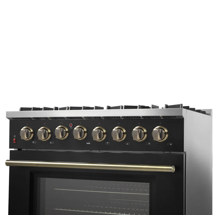 Forno Galiano FFSGS6156‑36BLK 36" Dual Fuel Range, 6 Burners, 83,000 BTU, 5.36 cu. ft. True Convection Oven, Black & Antique Brass with Black Enamel Interior