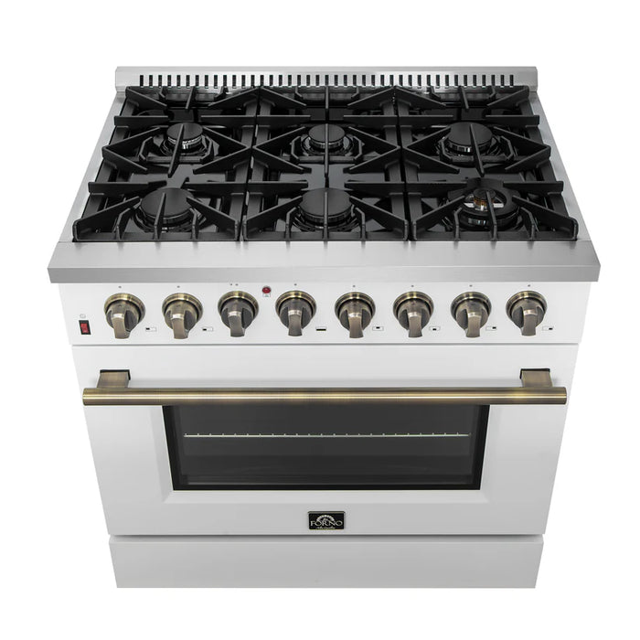 Forno Galiano FFSGS6156‑36WHT 36" Dual Fuel Range, 6 Burners, 83,000 BTU, 5.36 cu. ft. True Convection Oven, White with Black Enamel Interior & Stainless Steel Handles