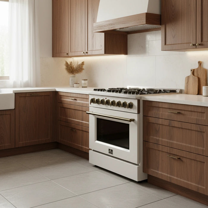 Forno Galiano FFSGS6156‑36WHT 36" Dual Fuel Range, 6 Burners, 83,000 BTU, 5.36 cu. ft. True Convection Oven, White with Black Enamel Interior & Stainless Steel Handles