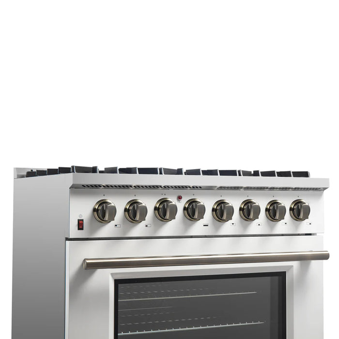 Forno Galiano FFSGS6156‑36WHT 36" Dual Fuel Range, 6 Burners, 83,000 BTU, 5.36 cu. ft. True Convection Oven, White with Black Enamel Interior & Stainless Steel Handles