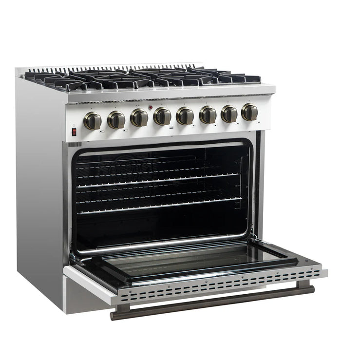 Forno Galiano FFSGS6156‑36WHT 36" Dual Fuel Range, 6 Burners, 83,000 BTU, 5.36 cu. ft. True Convection Oven, White with Black Enamel Interior & Stainless Steel Handles