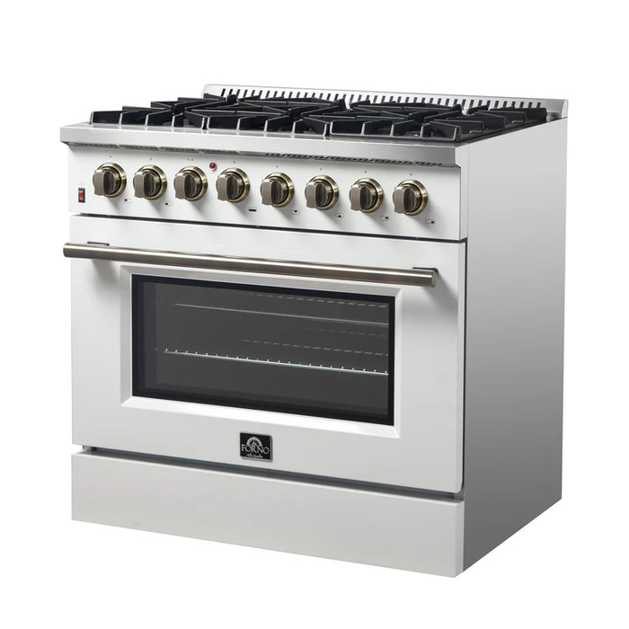 Forno Galiano FFSGS6156‑36WHT 36" Dual Fuel Range, 6 Burners, 83,000 BTU, 5.36 cu. ft. True Convection Oven, White with Black Enamel Interior & Stainless Steel Handles