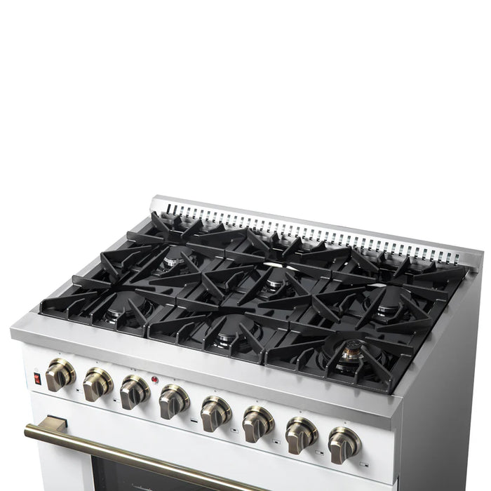 Forno Galiano FFSGS6156‑36WHT 36" Dual Fuel Range, 6 Burners, 83,000 BTU, 5.36 cu. ft. True Convection Oven, White with Black Enamel Interior & Stainless Steel Handles
