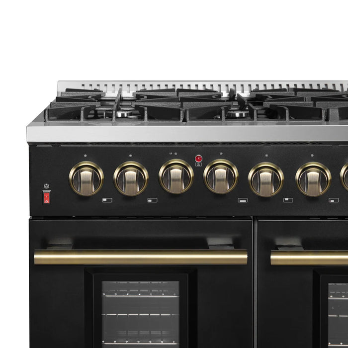 Forno Galiano FFSGS6156‑48BLK 48" Dual Fuel Range, 8 Burners, 6.58 cu. ft. Convection Oven, Black & Antique Brass