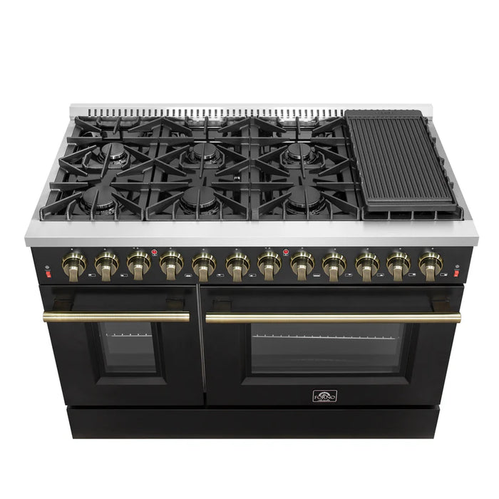 Forno Galiano FFSGS6156‑48BLK 48" Dual Fuel Range, 8 Burners, 6.58 cu. ft. Convection Oven, Black & Antique Brass