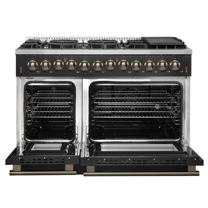 Forno Galiano FFSGS6156‑48BLK 48" Dual Fuel Range, 8 Burners, 6.58 cu. ft. Convection Oven, Black & Antique Brass