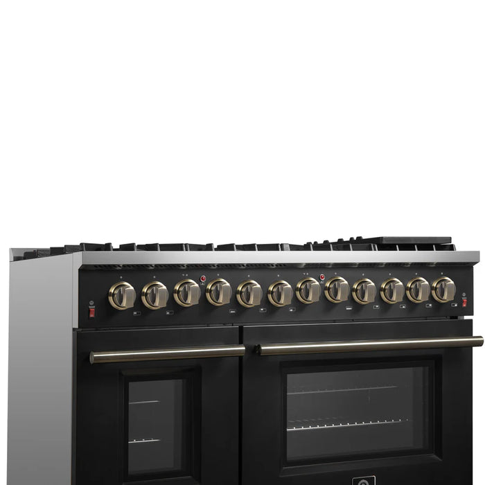 Forno Galiano FFSGS6156‑48BLK 48" Dual Fuel Range, 8 Burners, 6.58 cu. ft. Convection Oven, Black & Antique Brass