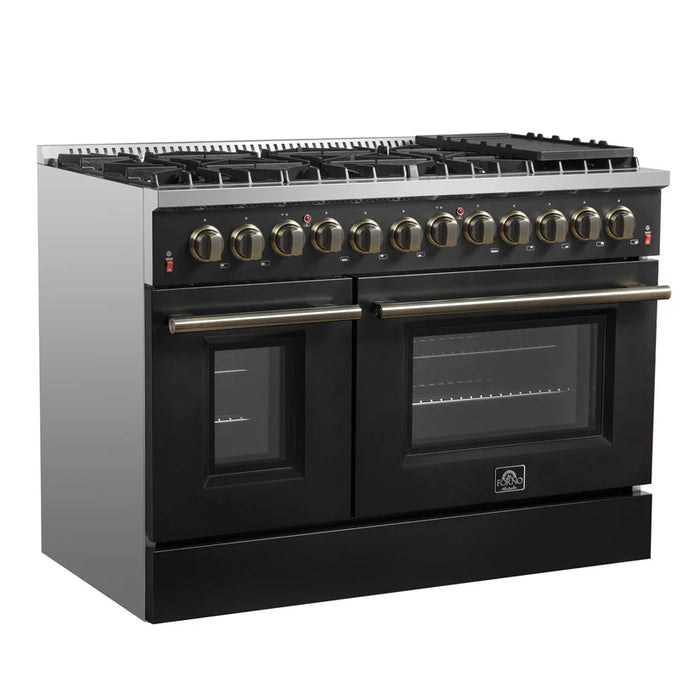 Forno Galiano FFSGS6156‑48BLK 48" Dual Fuel Range, 8 Burners, 6.58 cu. ft. Convection Oven, Black & Antique Brass