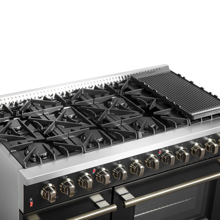 Forno Galiano FFSGS6156‑48BLK 48" Dual Fuel Range, 8 Burners, 6.58 cu. ft. Convection Oven, Black & Antique Brass