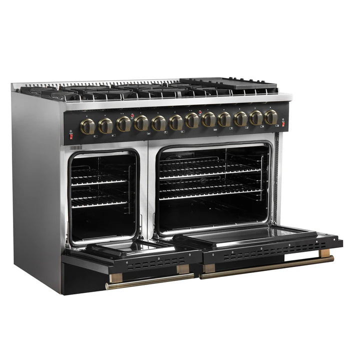 Forno Galiano FFSGS6156‑48BLK 48" Dual Fuel Range, 8 Burners, 6.58 cu. ft. Convection Oven, Black & Antique Brass