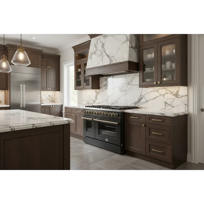 Forno Galiano FFSGS6156‑48BLK 48" Dual Fuel Range, 8 Burners, 6.58 cu. ft. Convection Oven, Black & Antique Brass