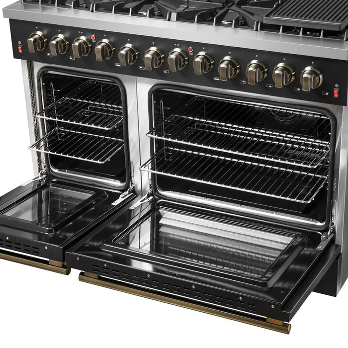 Forno Galiano FFSGS6156‑48BLK 48" Dual Fuel Range, 8 Burners, 6.58 cu. ft. Convection Oven, Black & Antique Brass