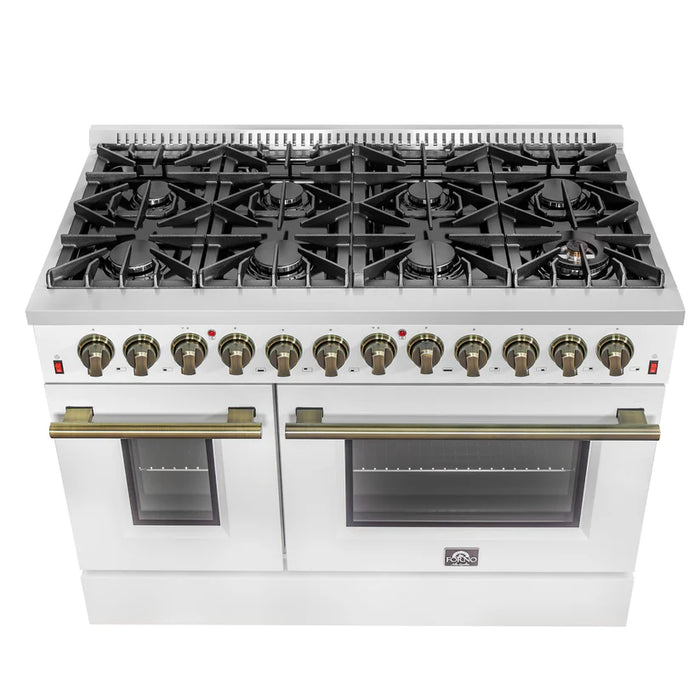 Forno Galiano FFSGS6156-48WHT 48" Dual Fuel Range, 8 Burners, 6.58 cu. ft. Convection Ovens, White & Antique Brass