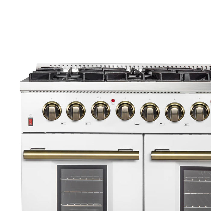 Forno Galiano FFSGS6156-48WHT 48" Dual Fuel Range, 8 Burners, 6.58 cu. ft. Convection Ovens, White & Antique Brass