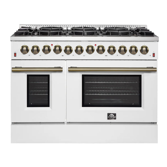 Forno Galiano FFSGS6156-48WHT 48" Dual Fuel Range, 8 Burners, 6.58 cu. ft. Convection Ovens, White & Antique Brass