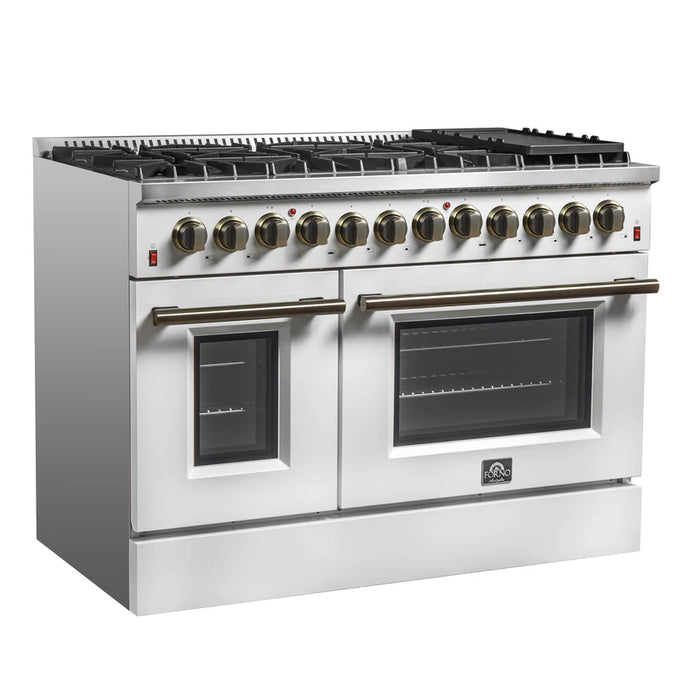 Forno Galiano FFSGS6156-48WHT 48" Dual Fuel Range, 8 Burners, 6.58 cu. ft. Convection Ovens, White & Antique Brass