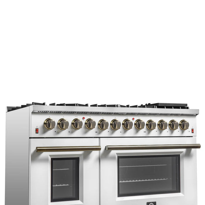 Forno Galiano FFSGS6156-48WHT 48" Dual Fuel Range, 8 Burners, 6.58 cu. ft. Convection Ovens, White & Antique Brass