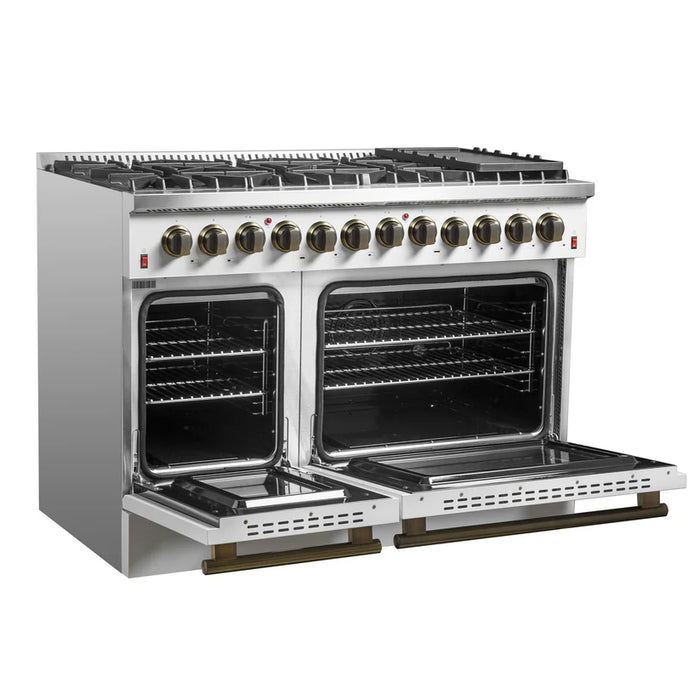 Forno Galiano FFSGS6156-48WHT 48" Dual Fuel Range, 8 Burners, 6.58 cu. ft. Convection Ovens, White & Antique Brass