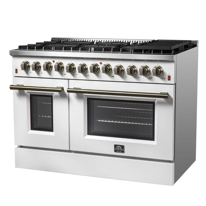 Forno Galiano FFSGS6156-48WHT 48" Dual Fuel Range, 8 Burners, 6.58 cu. ft. Convection Ovens, White & Antique Brass