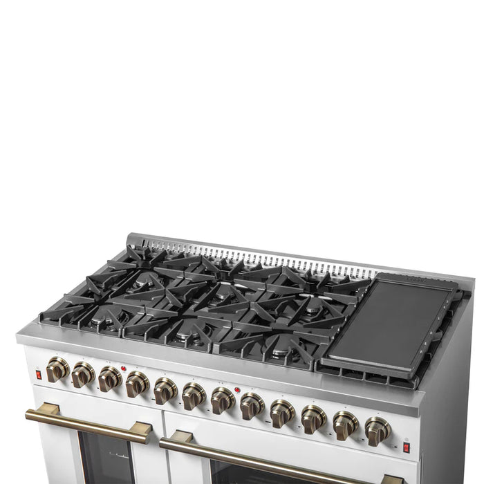 Forno Galiano FFSGS6156-48WHT 48" Dual Fuel Range, 8 Burners, 6.58 cu. ft. Convection Ovens, White & Antique Brass