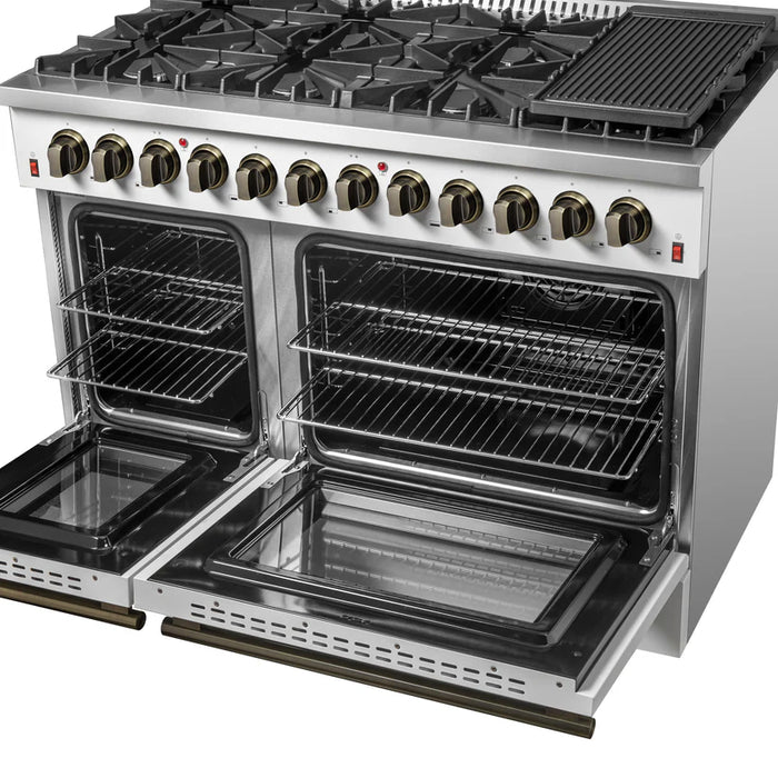 Forno Galiano FFSGS6156-48WHT 48" Dual Fuel Range, 8 Burners, 6.58 cu. ft. Convection Ovens, White & Antique Brass