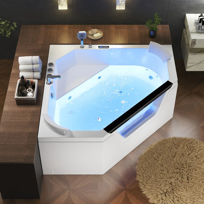 Empava 59" Alcove Corner Whirlpool Bathtub with Inline Heater, LED Chromatherapy & Dual Massage Jets – EMPV-59PRO03