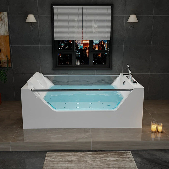 Empava EMPV-71PRO01 71-Inch Alcove Dual Massage Whirlpool Bathtub with Inline Heater and Revi-Skin Therapy, White