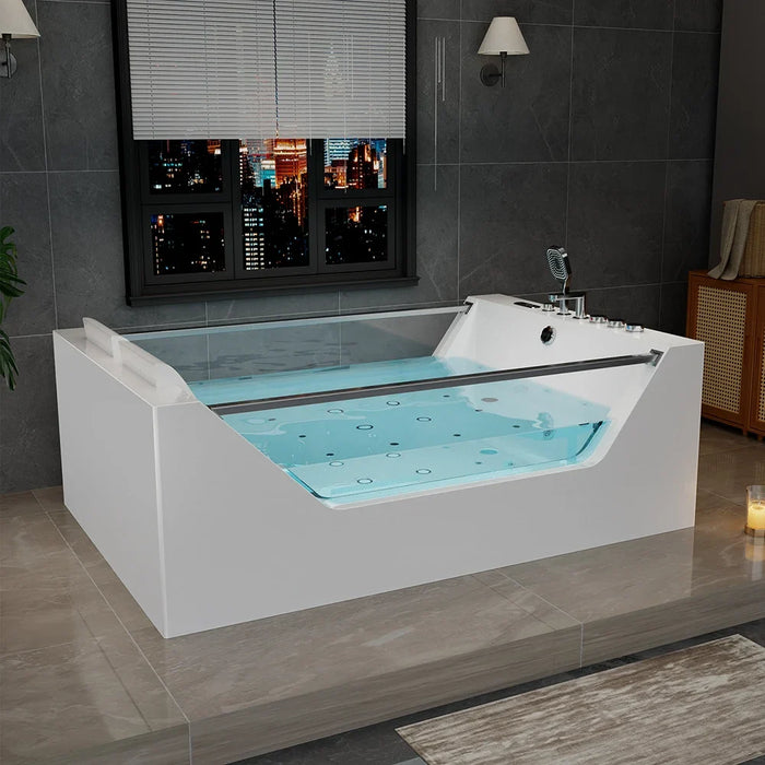 Empava EMPV-71PRO01 71-Inch Alcove Dual Massage Whirlpool Bathtub with Inline Heater and Revi-Skin Therapy, White