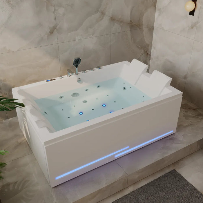 Empava EMPV-71PRO05 71" Alcove Dual Massage Whirlpool Bathtub with Inline Heater and Revi-Skin Therapy, White