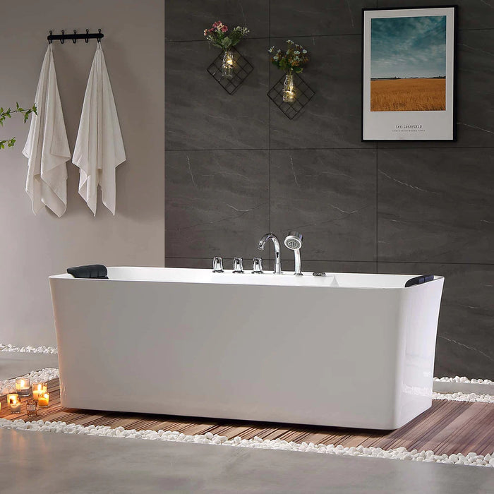 Empava 59" Freestanding Rectangular Acrylic Whirlpool Bathtub with Hydro‑Massage Jets – EMPV‑59AIS15