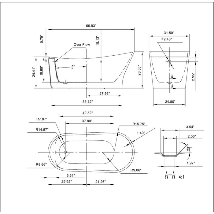 Empava 67" Freestanding Acrylic Soaking Bathtub with Left Drain – EMPV‑67FT1528