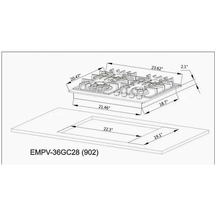 Empava 24″ Built‑In Gas Cooktop (EMPV‑24GC28) 24″ Built‑In 4‑Burner Gas Cooktop – Black Tempered Glass, NG/LPG Convertible