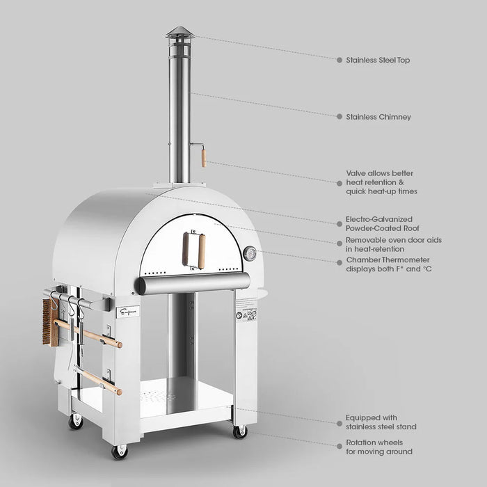 Empava EMPV-PG01 Outdoor Wood-Fired Pizza Oven – Stainless Steel with Chimney, Built-In Thermometer & Wheels