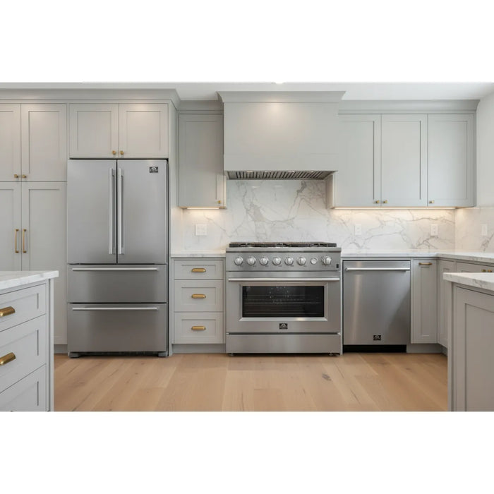 Forno 3-Piece Professional Kitchen Appliance Package – 36-Inch Gas Range, 36-Inch Built-In Refrigerator & 24-Inch Built-In Dishwasher – FBDL-009-01CAUS